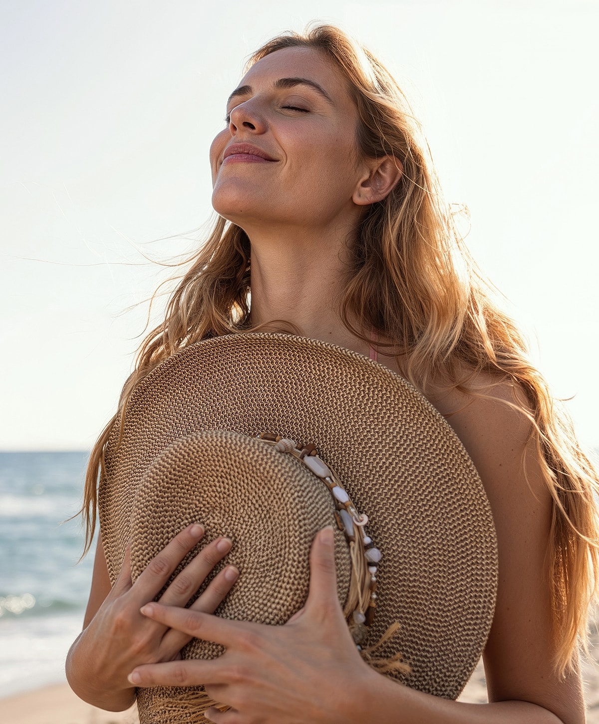 neck lift patient model smiling while holding a straw hat.